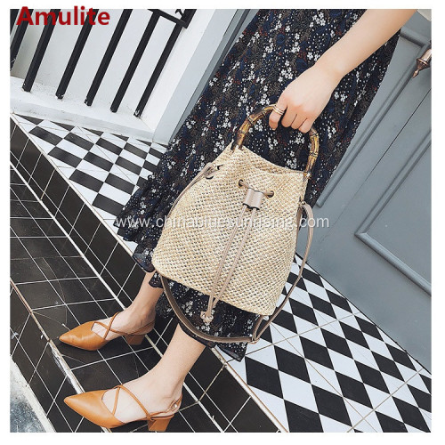 Summer new fashion bamboo handle bucket straw bag